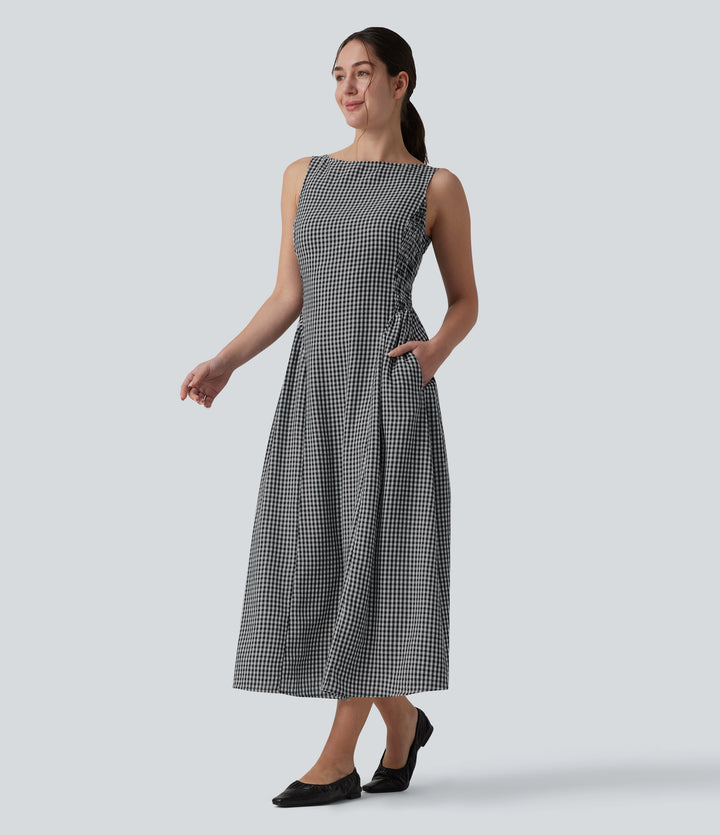 Boat Neck Sleeveless Plaid Flowy Maxi Casual Linen-Feel Dress with Pockets — Classic Mono — view 1