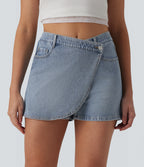 Asymmetric Mid Rise Denim Casual Skort with Pockets — Malibu Blue Denim — view 1
