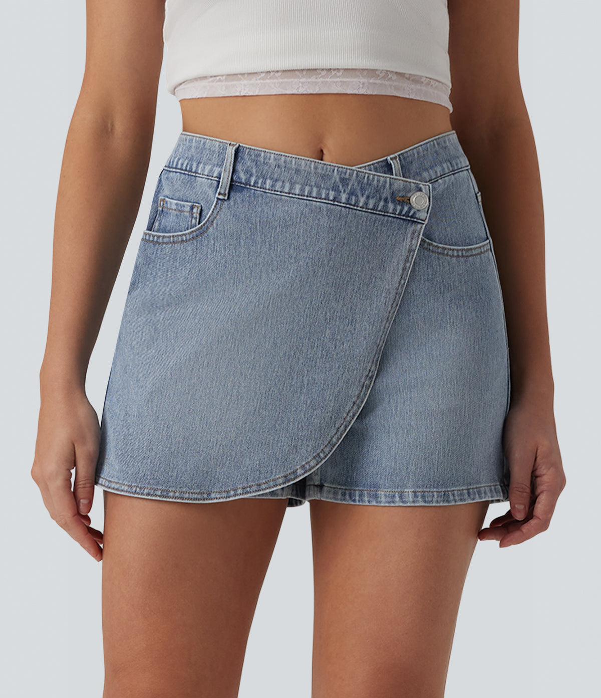 Asymmetric Mid Rise Denim Casual Skort with Pockets — Malibu Blue Denim — view 1