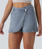 Asymmetric Mid Rise Denim Casual Skort with Pockets — Malibu Blue Denim — view 3
