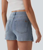 Asymmetric Mid Rise Denim Casual Skort with Pockets — Malibu Blue Denim — view 5