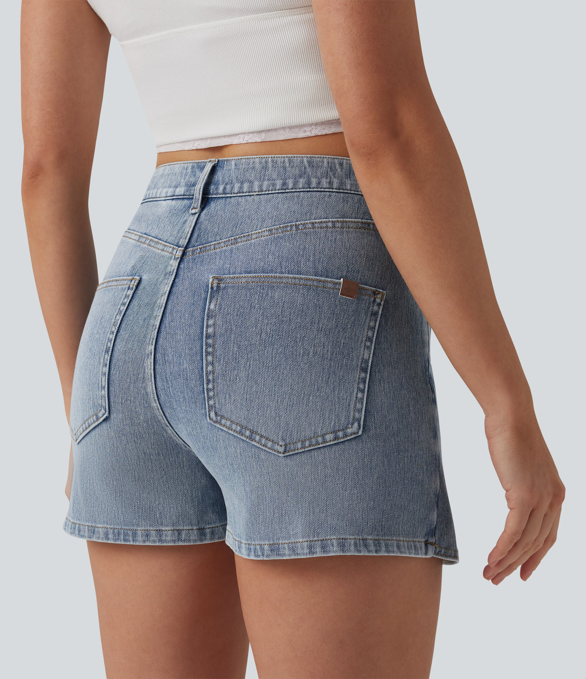Asymmetric Mid Rise Denim Casual Skort with Pockets — Malibu Blue Denim — view 5