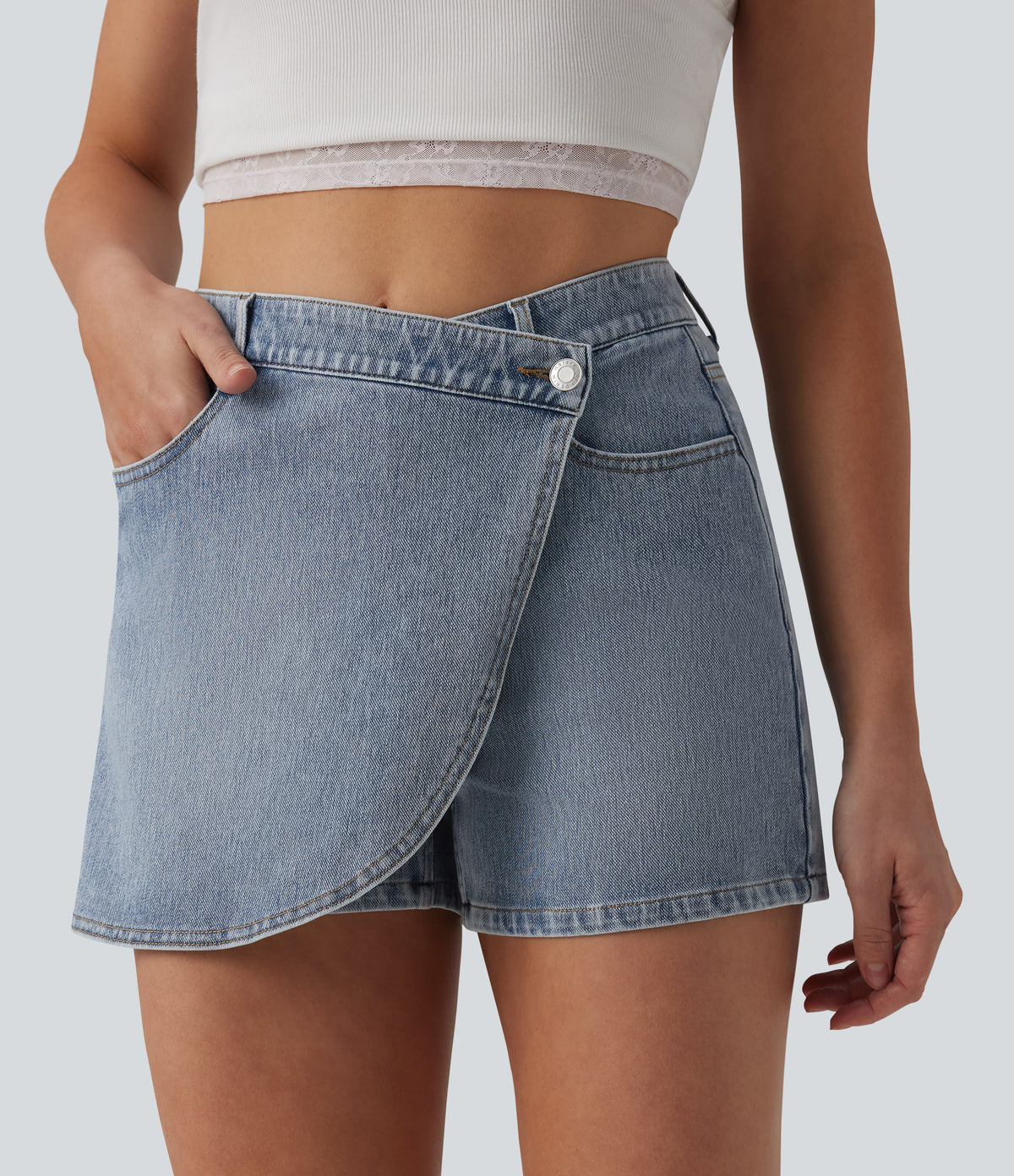 Asymmetric Mid Rise Denim Casual Skort with Pockets — Malibu Blue Denim — view 6