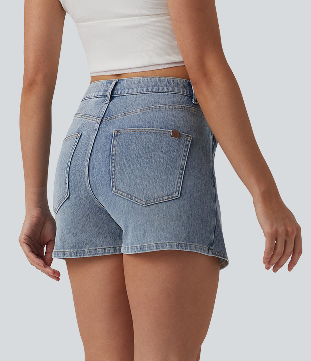 Asymmetric Mid Rise Denim Casual Skort with Pockets — Malibu Blue Denim — view 2