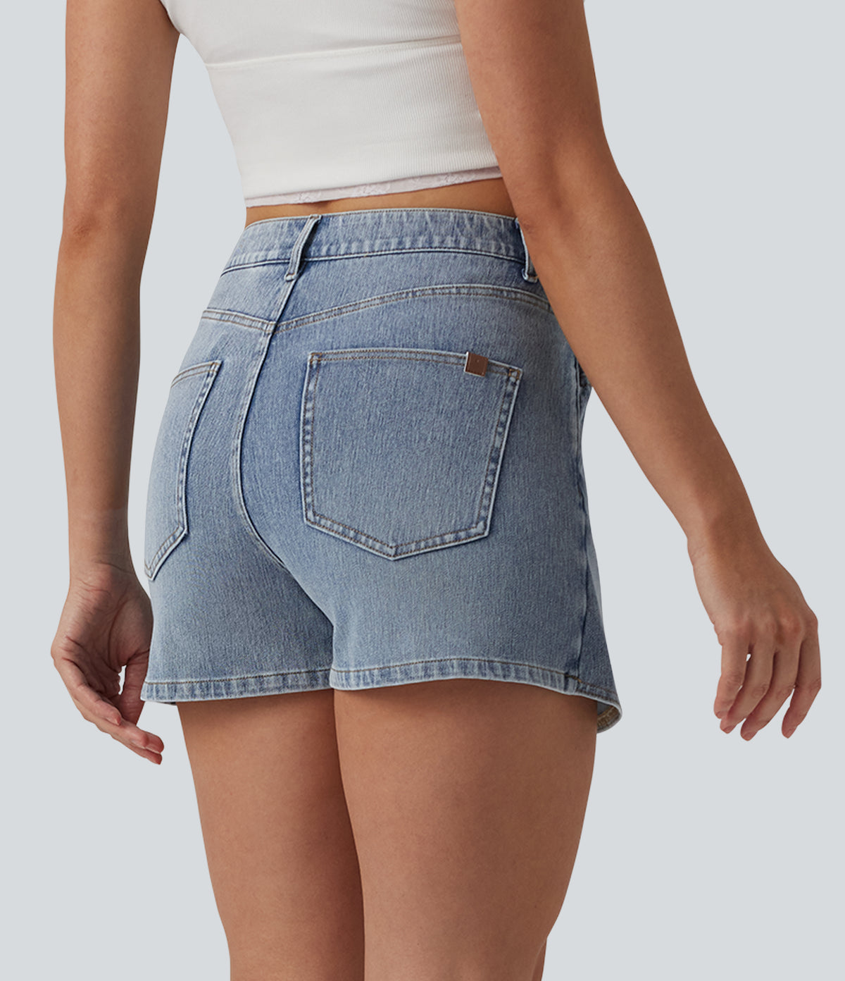 Asymmetric Mid Rise Denim Casual Skort with Pockets — Malibu Blue Denim — view 2