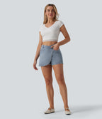 Asymmetric Mid Rise Denim Casual Skort with Pockets — Malibu Blue Denim — view 7