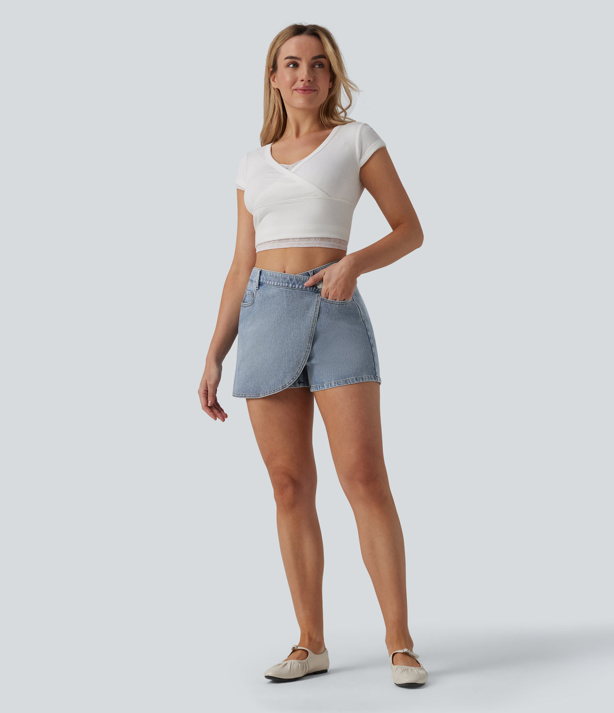 Asymmetric Mid Rise Denim Casual Skort with Pockets — Malibu Blue Denim — view 7