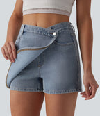 Asymmetric Mid Rise Denim Casual Skort with Pockets — Malibu Blue Denim — view 4
