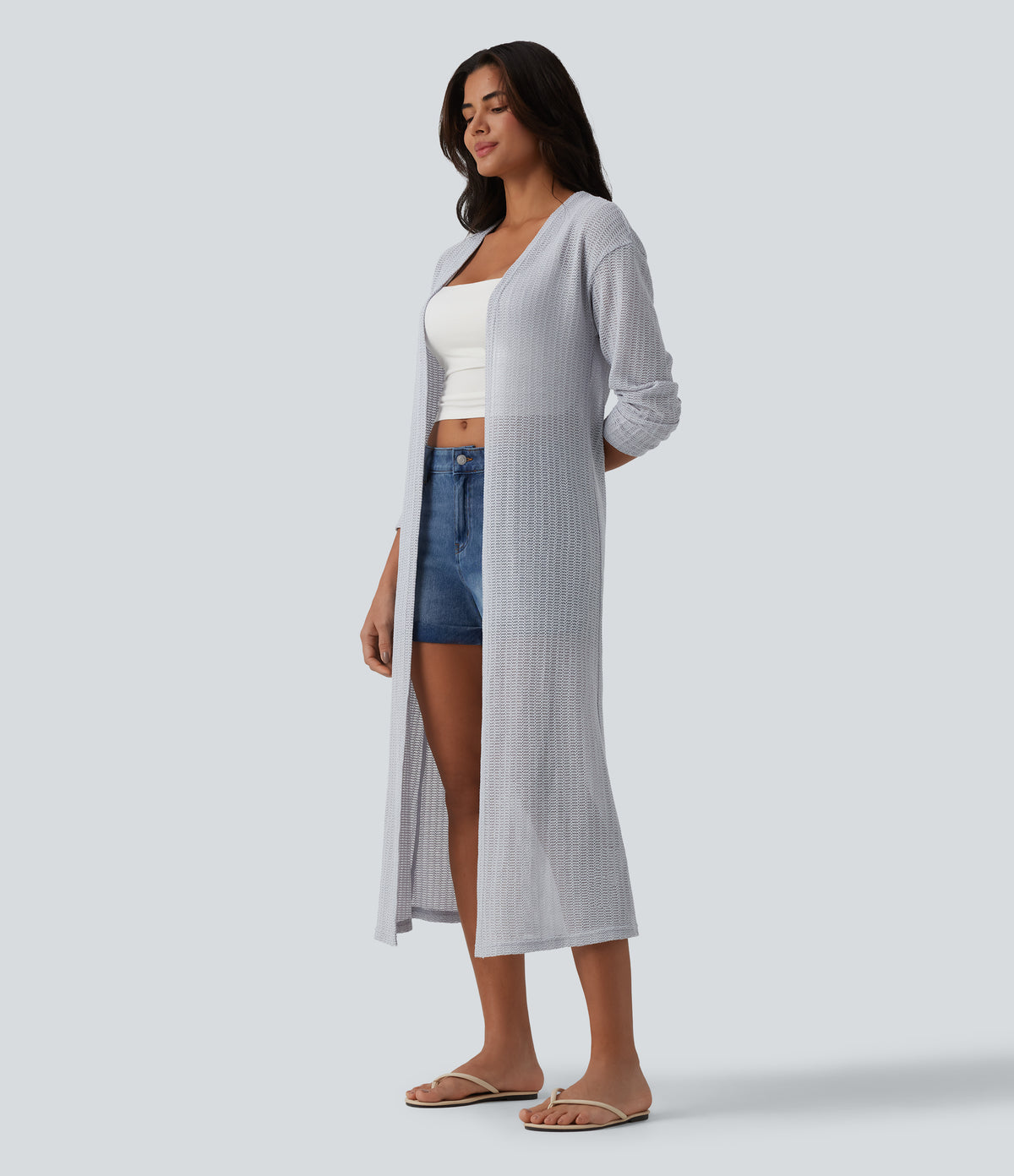 Long Sleeve Longline Casual Crochet Knit Coat — Quiet Gray — view 3