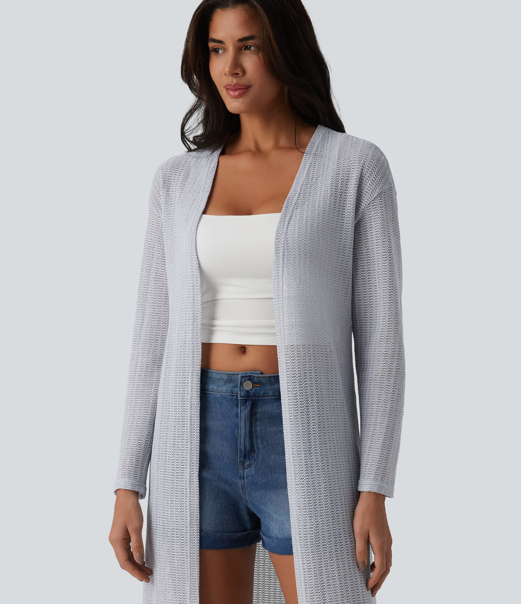 Long Sleeve Longline Casual Crochet Knit Coat — Quiet Gray — view 5