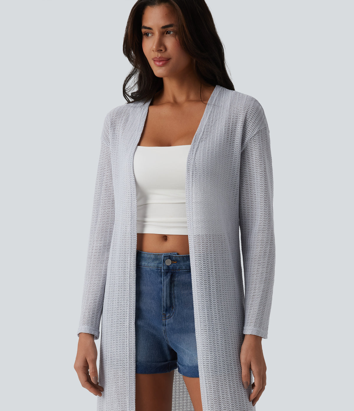Long Sleeve Longline Casual Crochet Knit Coat — Quiet Gray — view 5