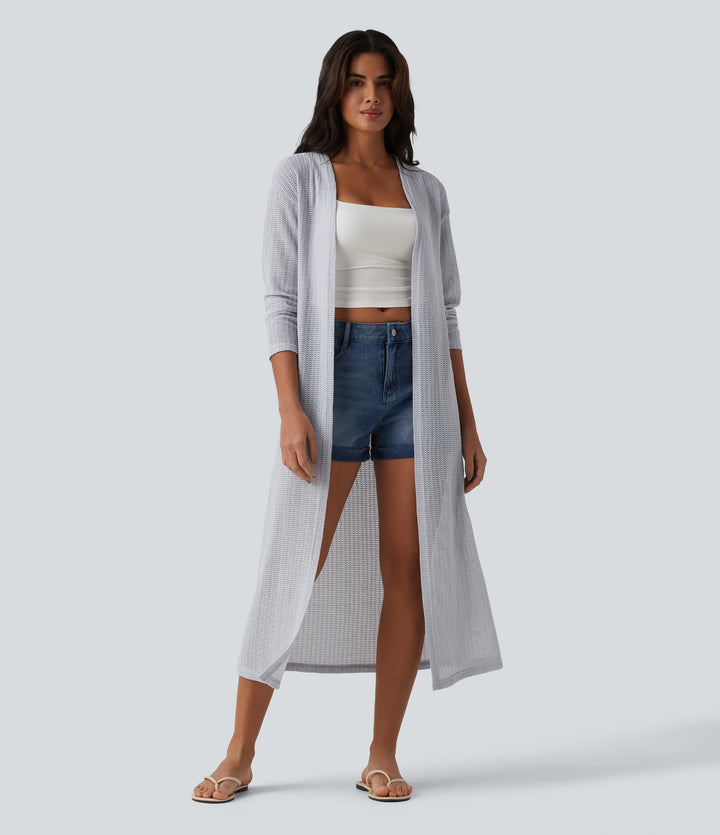 Long Sleeve Longline Casual Crochet Knit Coat — Quiet Gray — view 1