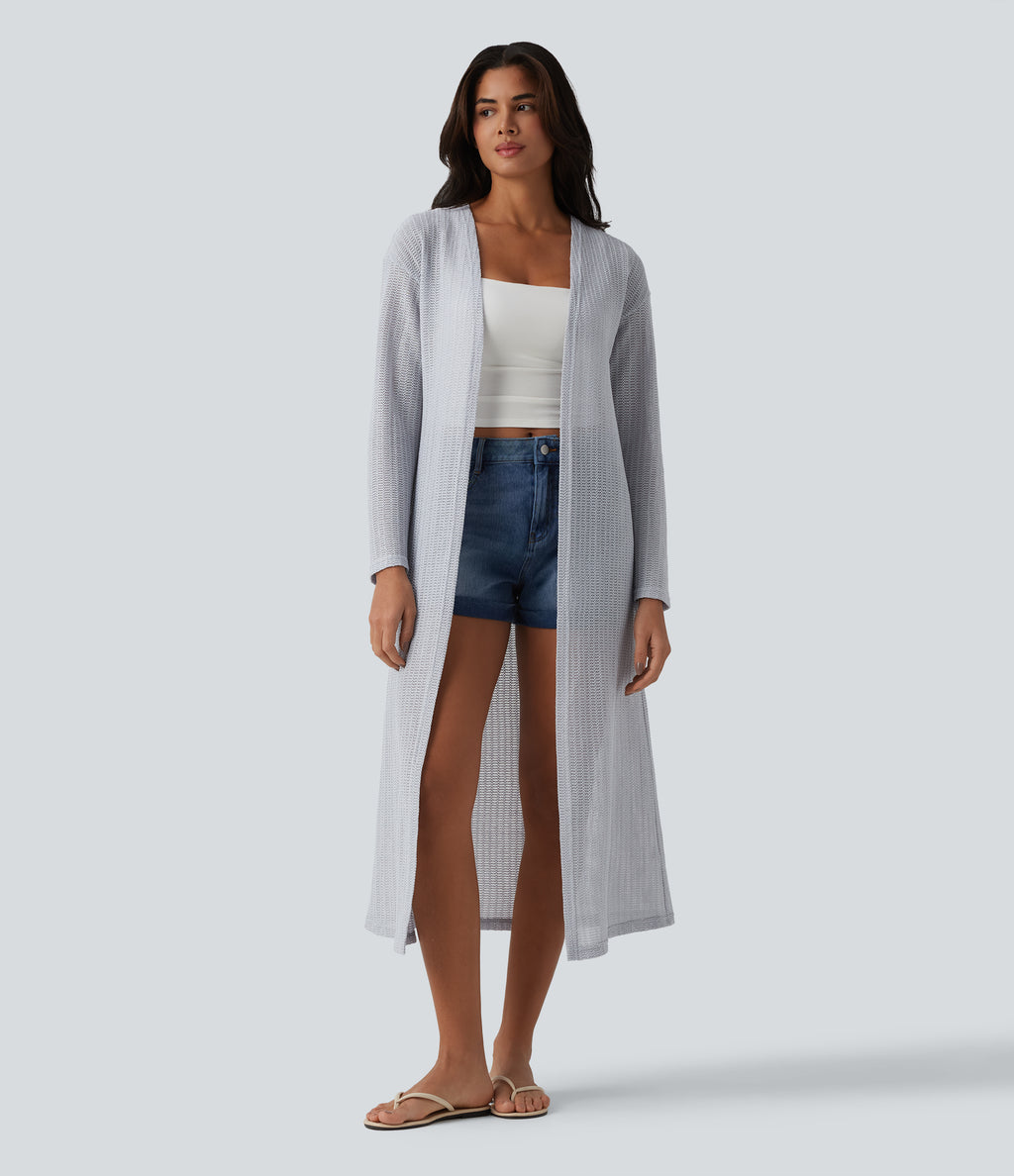 Long Sleeve Longline Casual Crochet Knit Coat — Quiet Gray — view 4