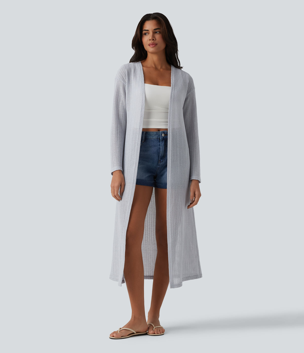 Long Sleeve Longline Casual Crochet Knit Coat — Quiet Gray — view 4