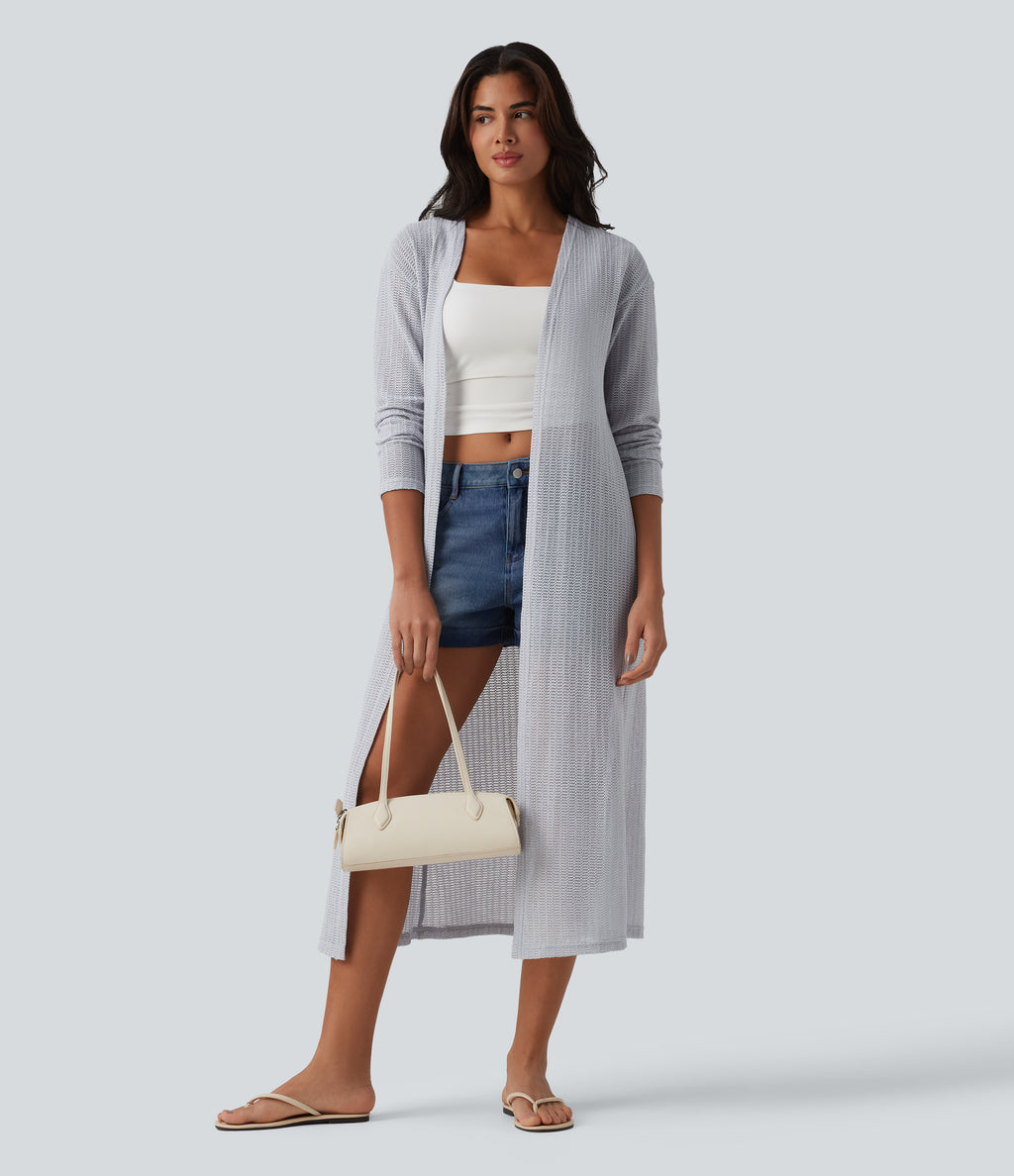 Long Sleeve Longline Casual Crochet Knit Coat — Quiet Gray — view 6