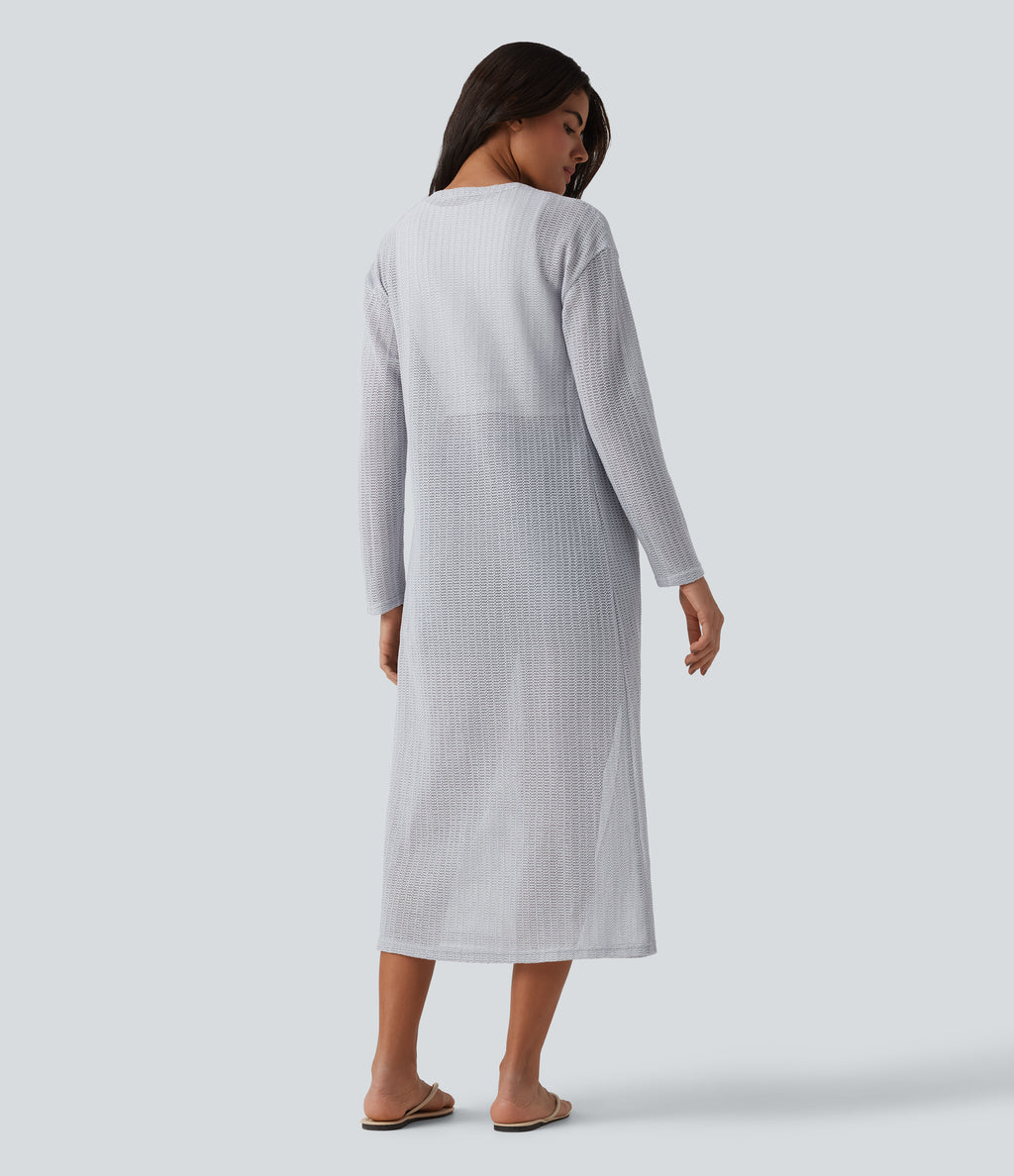 Long Sleeve Longline Casual Crochet Knit Coat — Quiet Gray — view 2