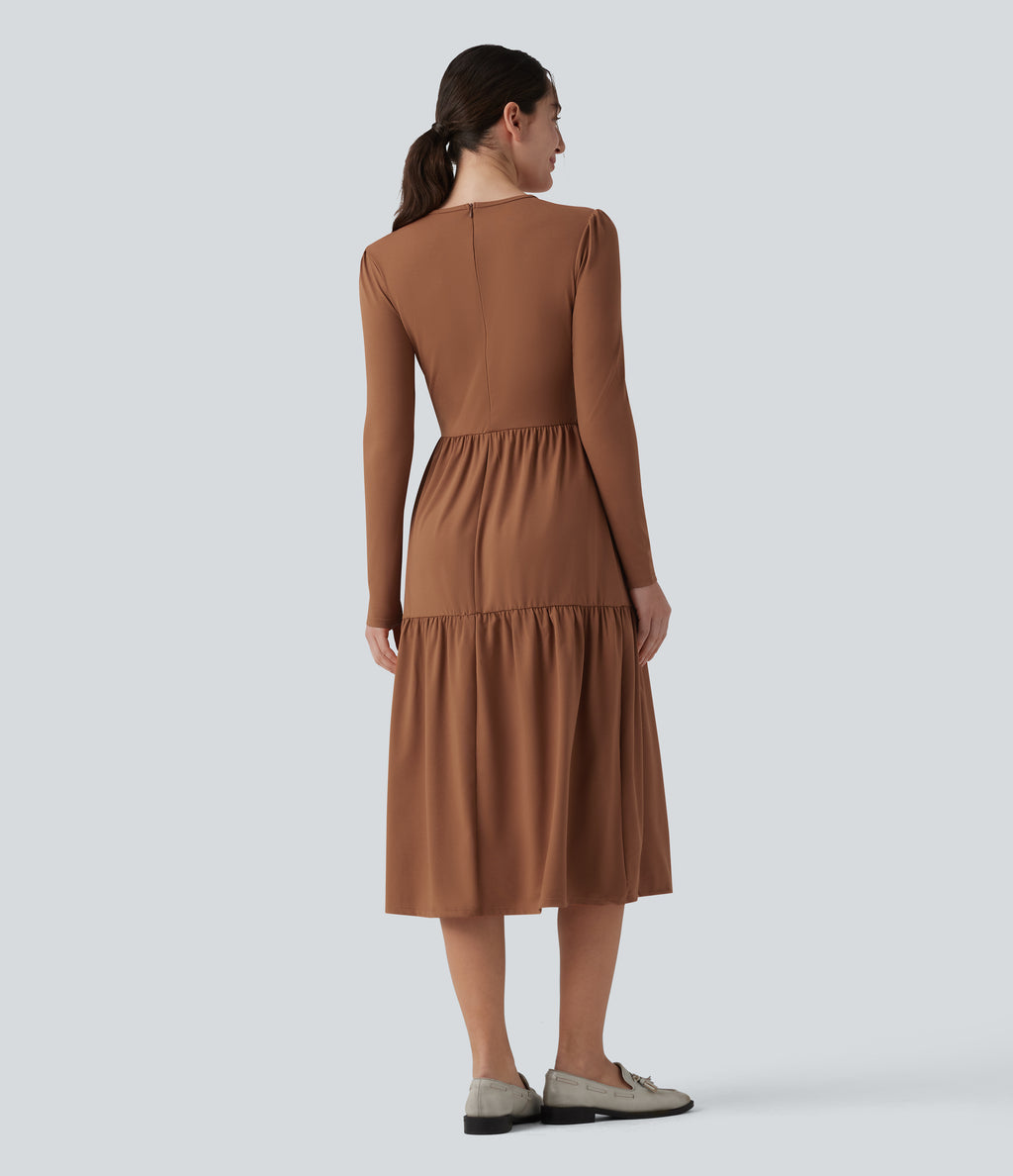 Round Neck Long Sleeve Tiered Hem Midi Work Dress — Rust Red — view 2