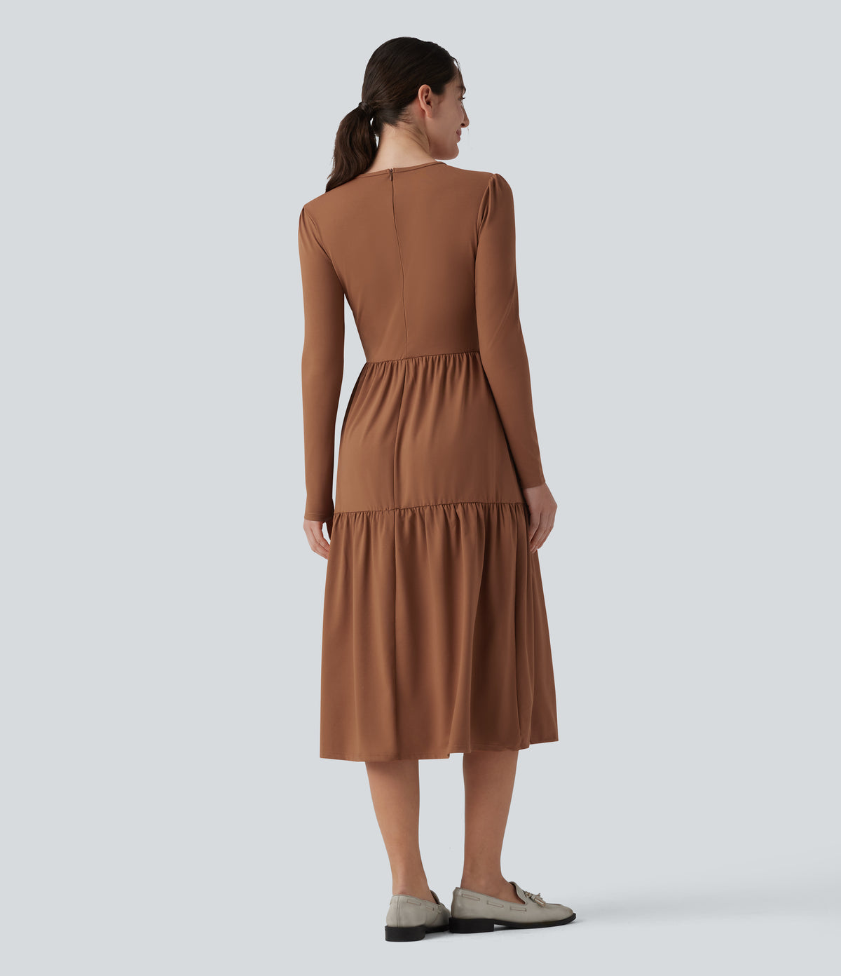 Round Neck Long Sleeve Tiered Hem Midi Work Dress — Rust Red — view 2