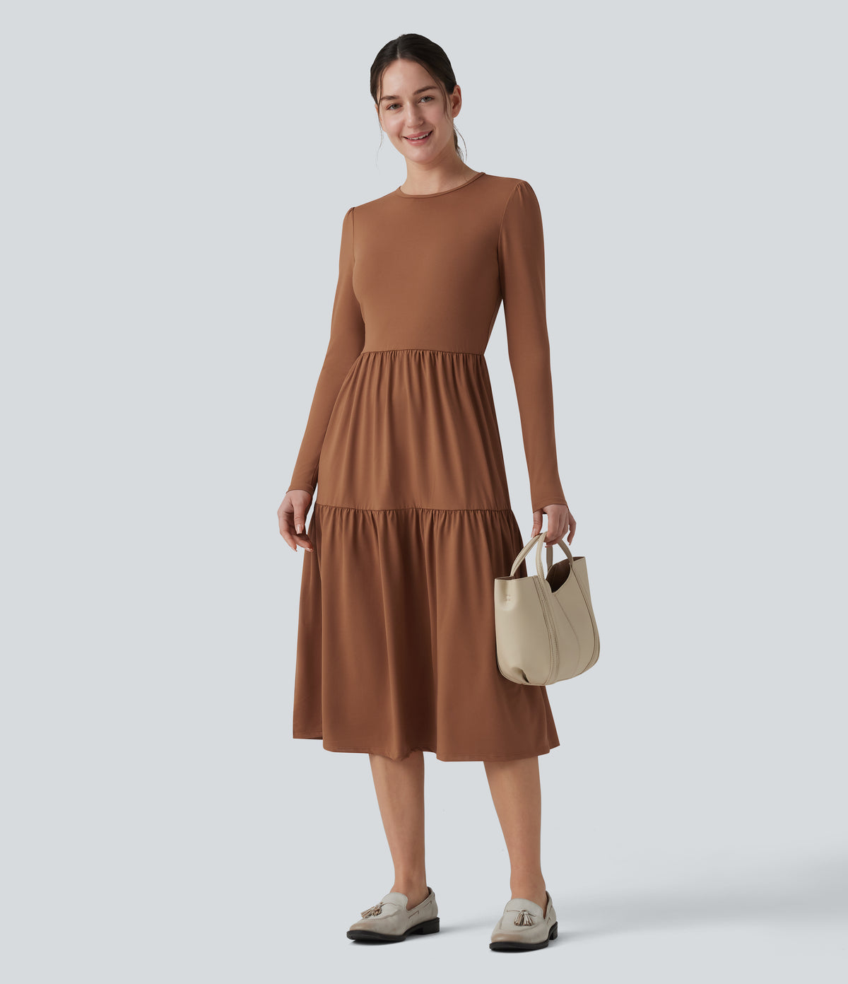 Round Neck Long Sleeve Tiered Hem Midi Work Dress — Rust Red — view 6