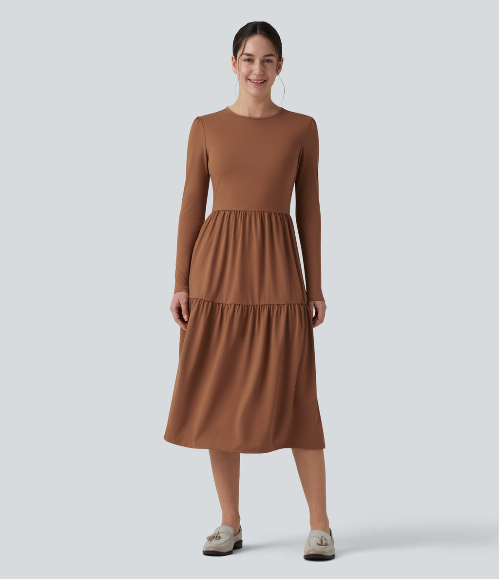 Round Neck Long Sleeve Tiered Hem Midi Work Dress — Rust Red — view 1