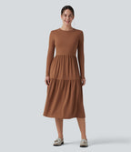 Round Neck Long Sleeve Tiered Hem Midi Work Dress — Rust Red — view 1