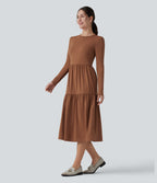 Round Neck Long Sleeve Tiered Hem Midi Work Dress — Rust Red — view 3