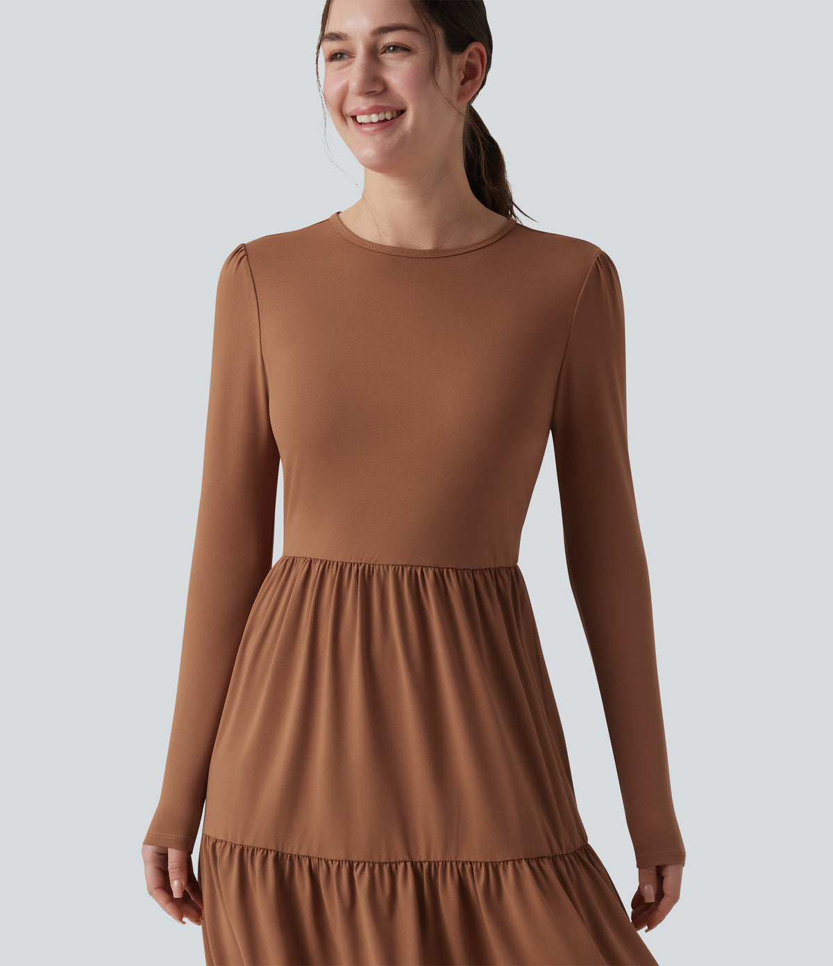 Round Neck Long Sleeve Tiered Hem Midi Work Dress — Rust Red — view 4