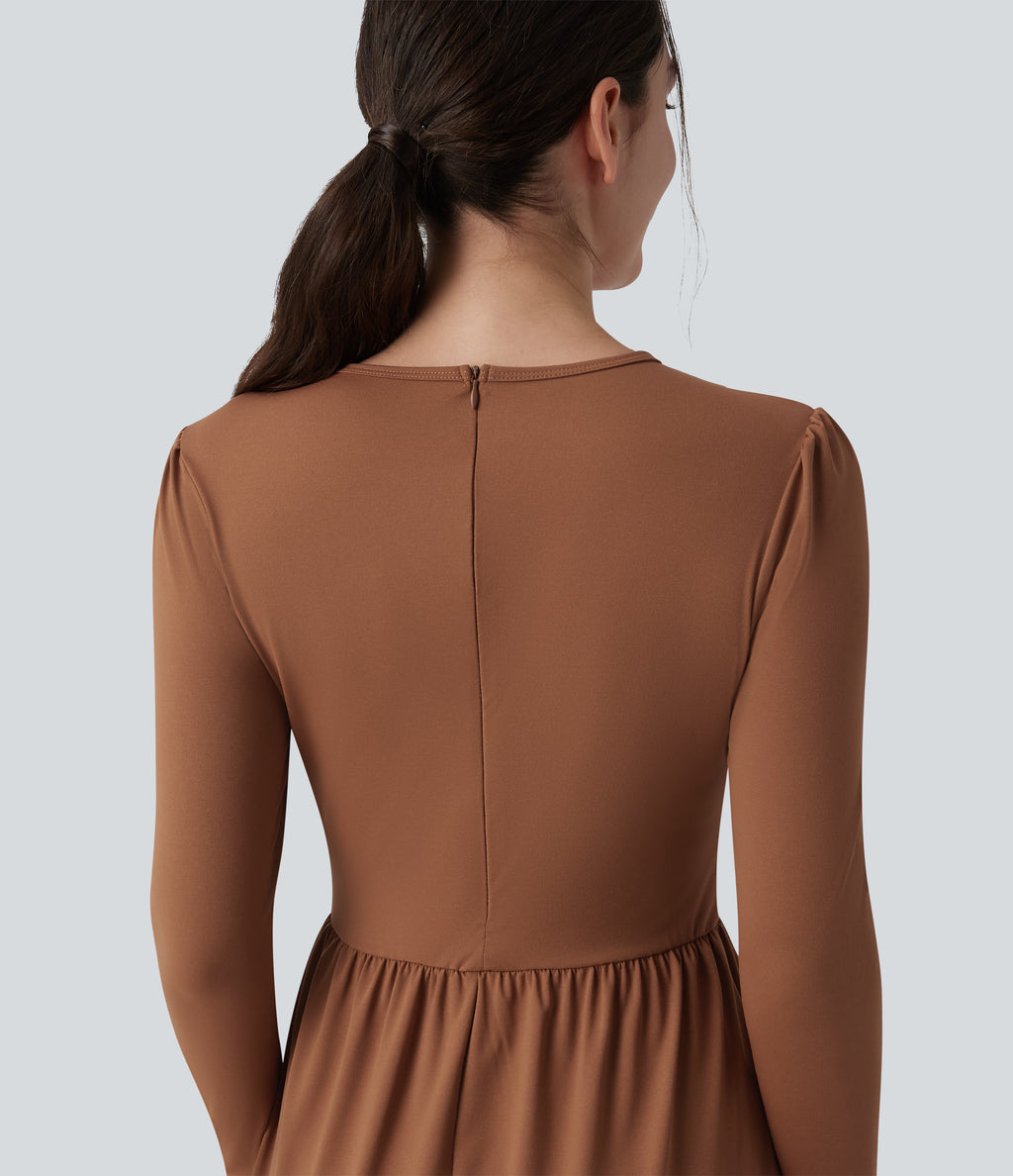 Round Neck Long Sleeve Tiered Hem Midi Work Dress — Rust Red — view 5