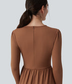 Round Neck Long Sleeve Tiered Hem Midi Work Dress — Rust Red — view 5