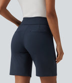 High Waisted Work Baggy Shorts with Pockets — Midnight Blue — view 2