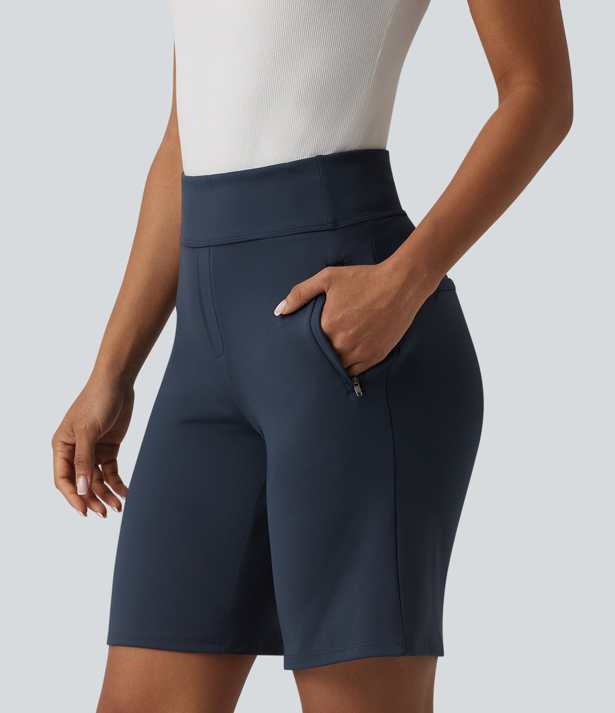 High Waisted Work Baggy Shorts with Pockets — Midnight Blue — view 3