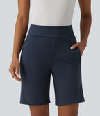 High Waisted Work Baggy Shorts with Pockets — Midnight Blue — view 1