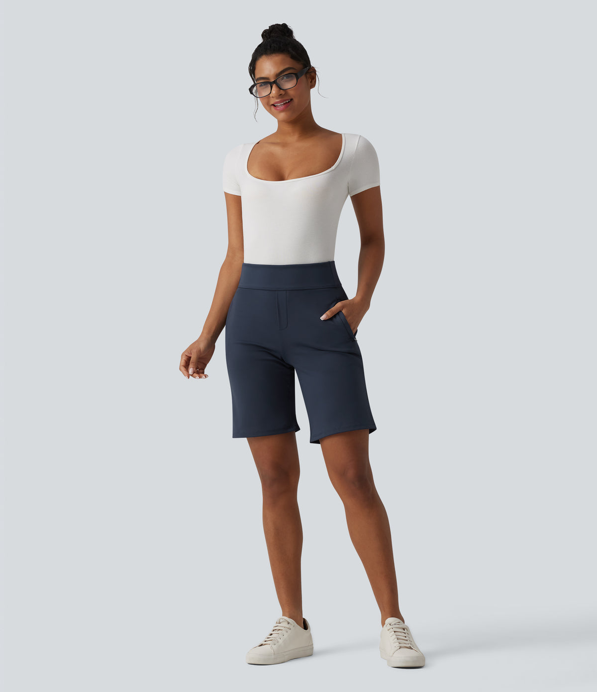 High Waisted Work Baggy Shorts with Pockets — Midnight Blue — view 6