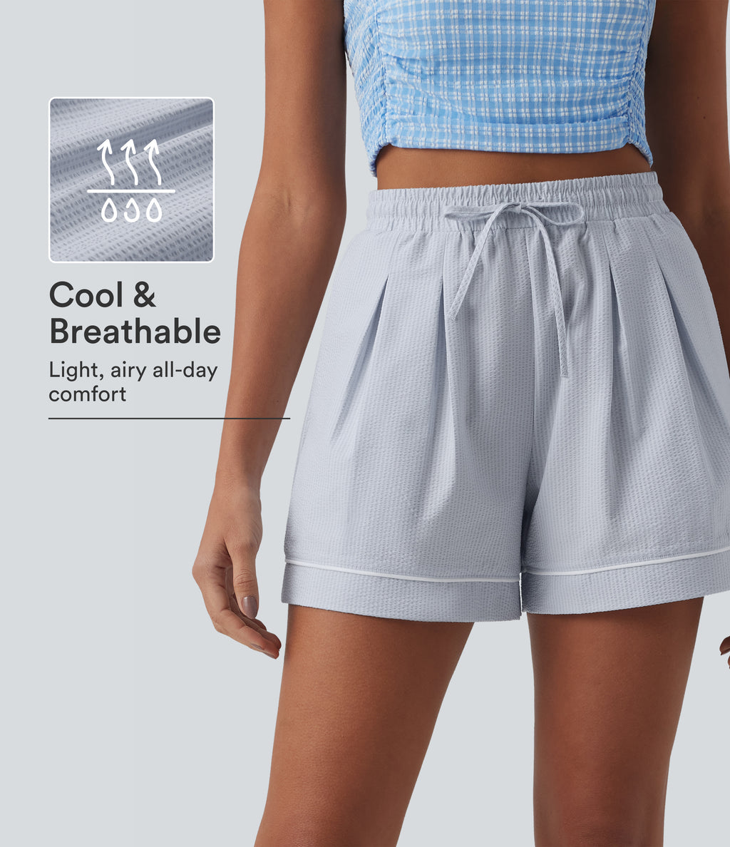 High Waisted Drawstring Pleated Quick Dry Crinkle Resort Baggy Shorts with Pockets — Powder Blue Solid — view 1