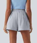High Waisted Drawstring Pleated Quick Dry Crinkle Resort Baggy Shorts with Pockets — Powder Blue Solid — view 5
