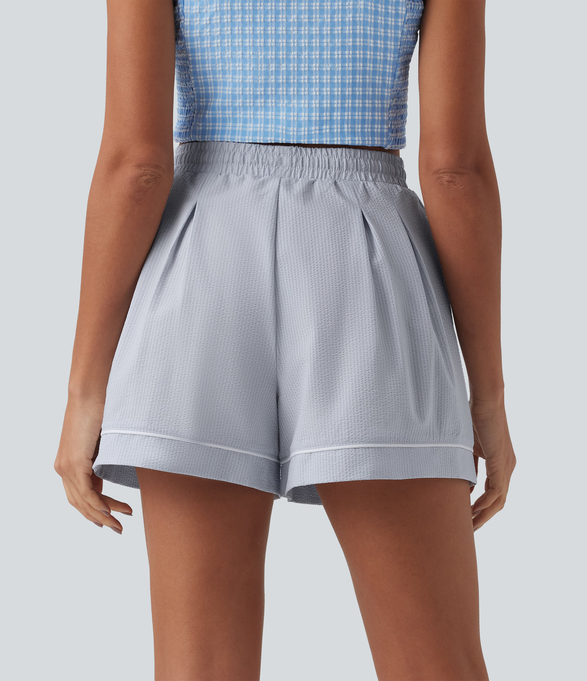High Waisted Drawstring Pleated Quick Dry Crinkle Resort Baggy Shorts with Pockets — Powder Blue Solid — view 5