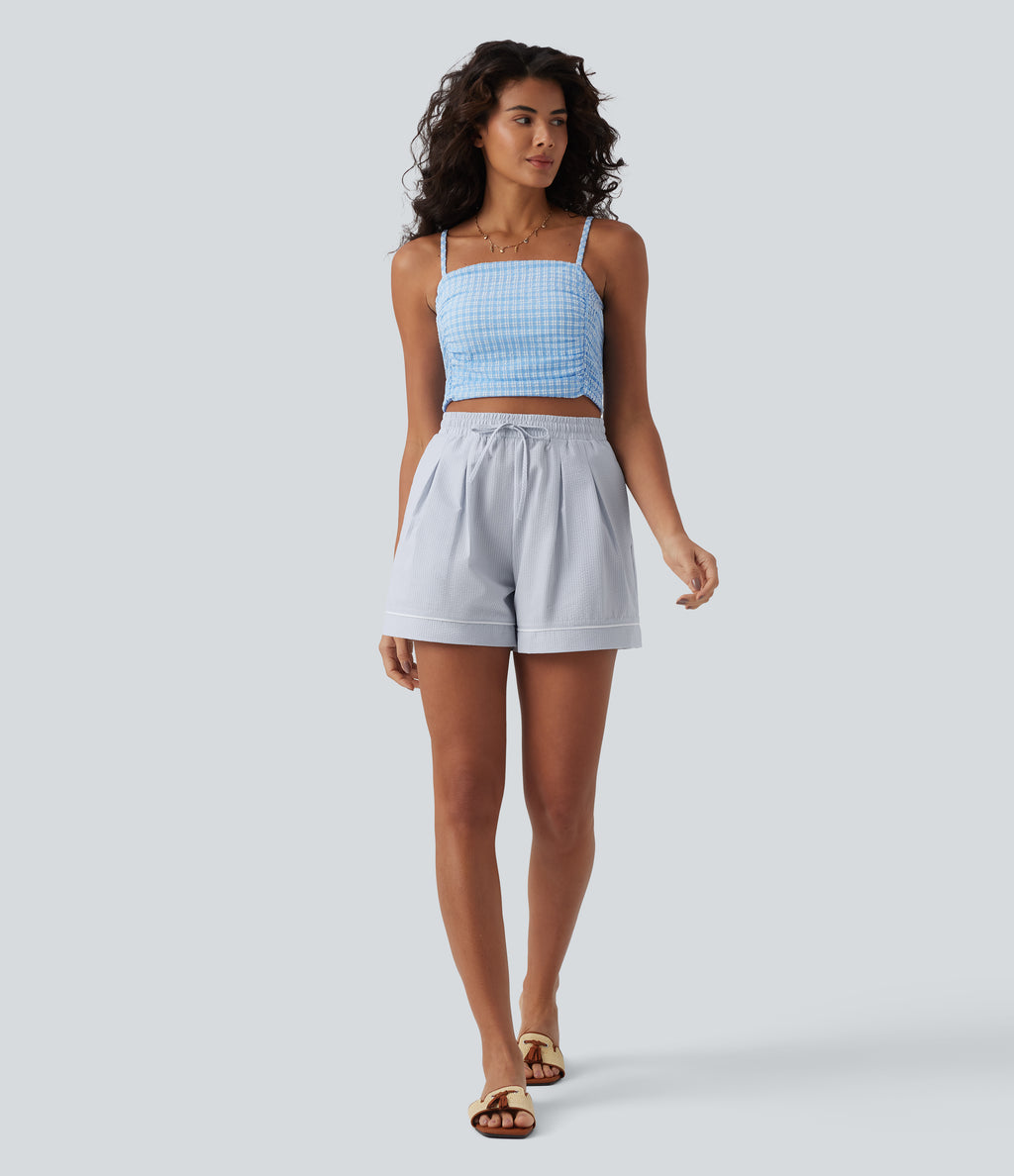 High Waisted Drawstring Pleated Quick Dry Crinkle Resort Baggy Shorts with Pockets — Powder Blue Solid — view 6