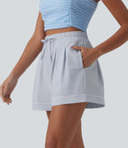 High Waisted Drawstring Pleated Quick Dry Crinkle Resort Baggy Shorts with Pockets — Powder Blue Solid — view 3