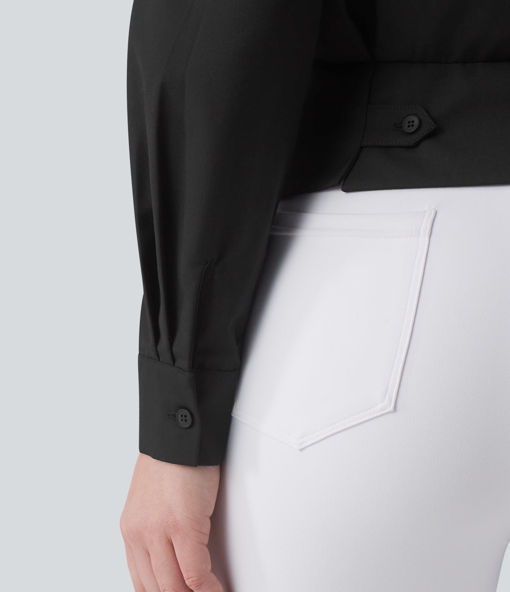Collar Long Sleeve Adjustable Cinched Waist Work Shirt — Black — view 7