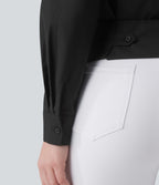 Collar Long Sleeve Adjustable Cinched Waist Work Shirt — Black — view 7