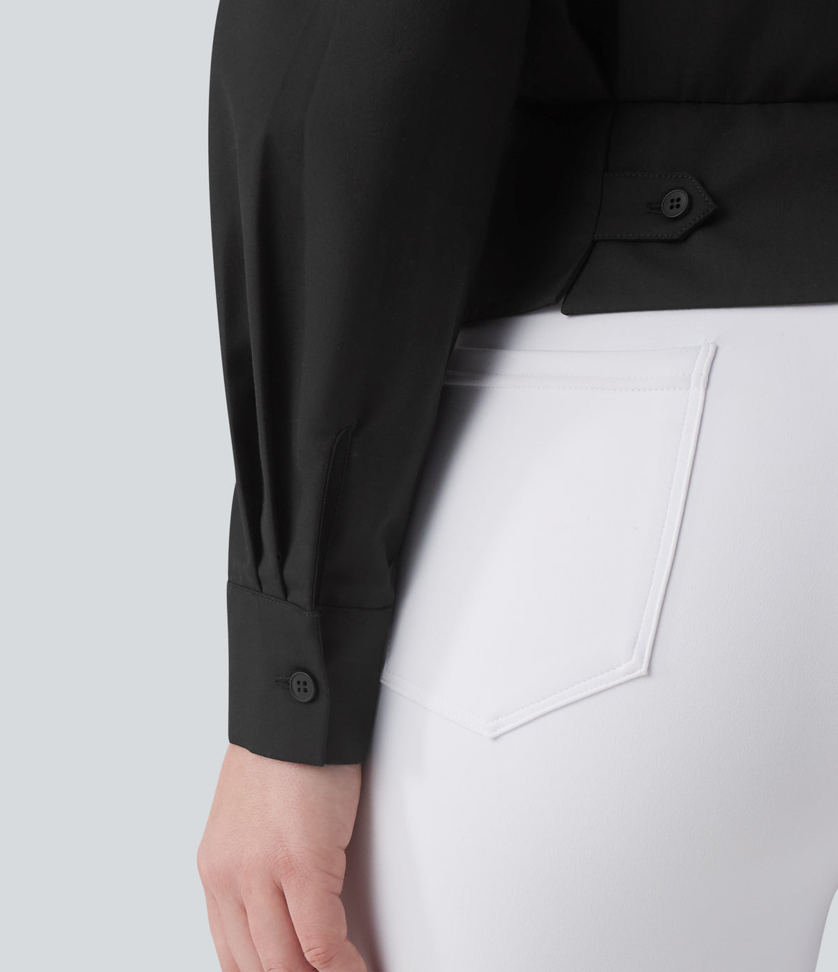Collar Long Sleeve Adjustable Cinched Waist Work Shirt — Black — view 7