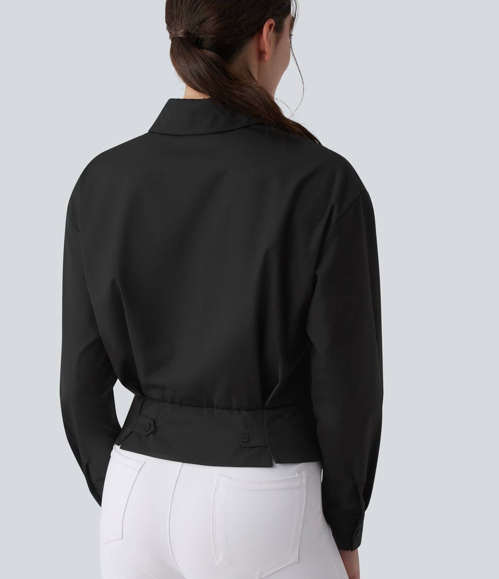 Collar Long Sleeve Adjustable Cinched Waist Work Shirt — Black — view 6