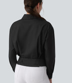 Collar Long Sleeve Adjustable Cinched Waist Work Shirt — Black — view 6
