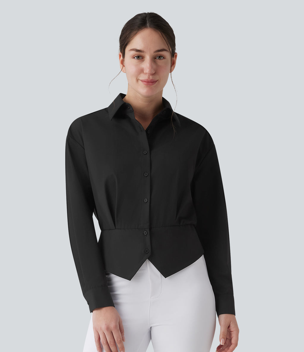 Collar Long Sleeve Adjustable Cinched Waist Work Shirt — Black — view 5