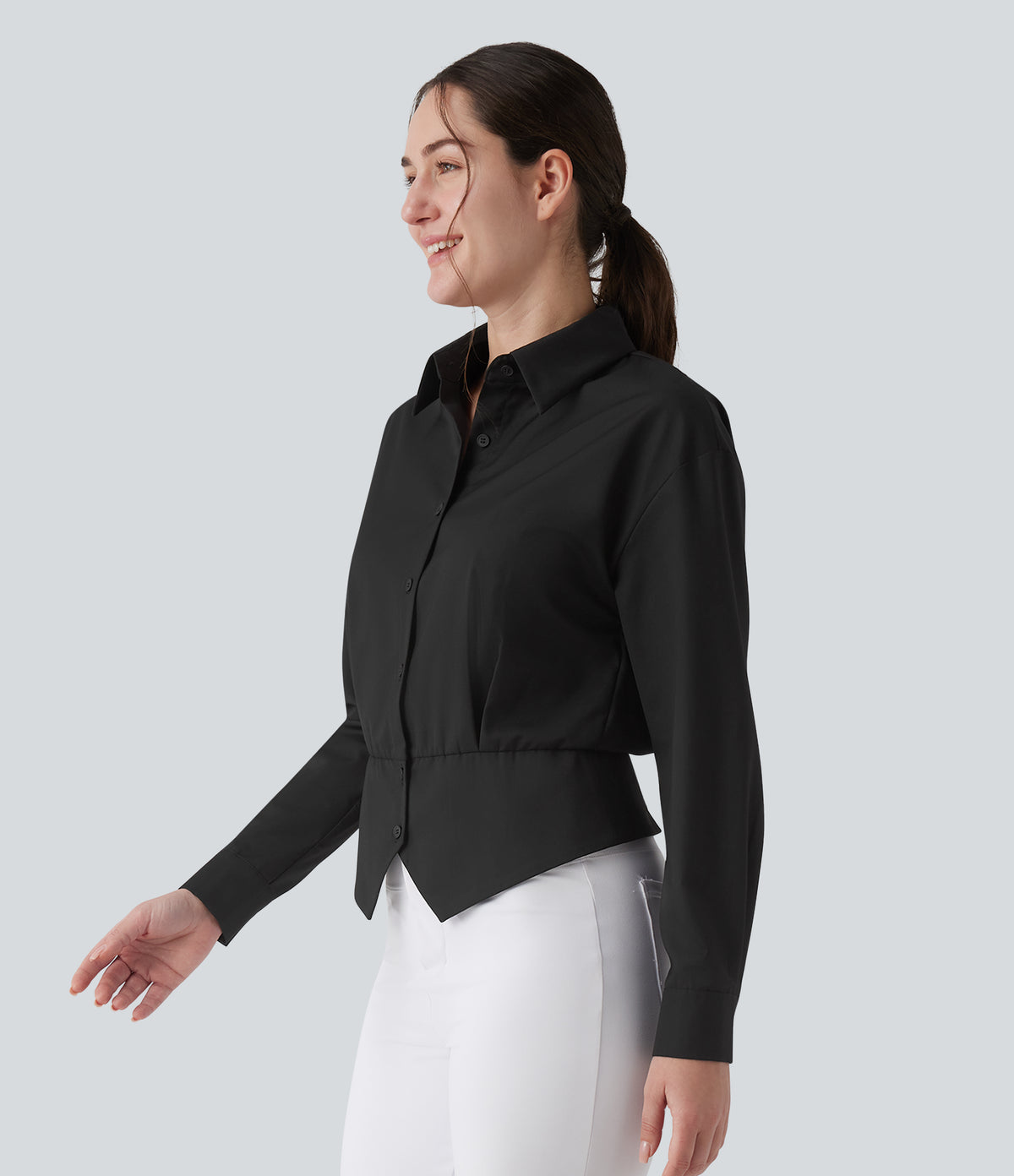 Collar Long Sleeve Adjustable Cinched Waist Work Shirt — Black — view 4