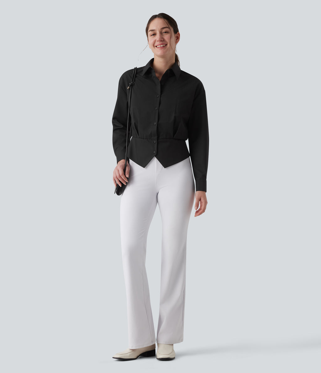 Collar Long Sleeve Adjustable Cinched Waist Work Shirt — Black — view 8
