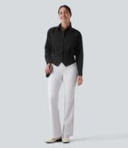 Collar Long Sleeve Adjustable Cinched Waist Work Shirt — Black — view 8