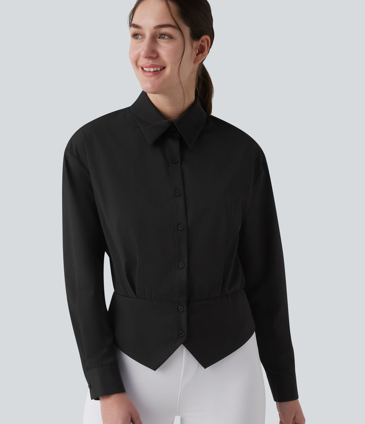 Collar Long Sleeve Adjustable Cinched Waist Work Shirt — Black — view 1