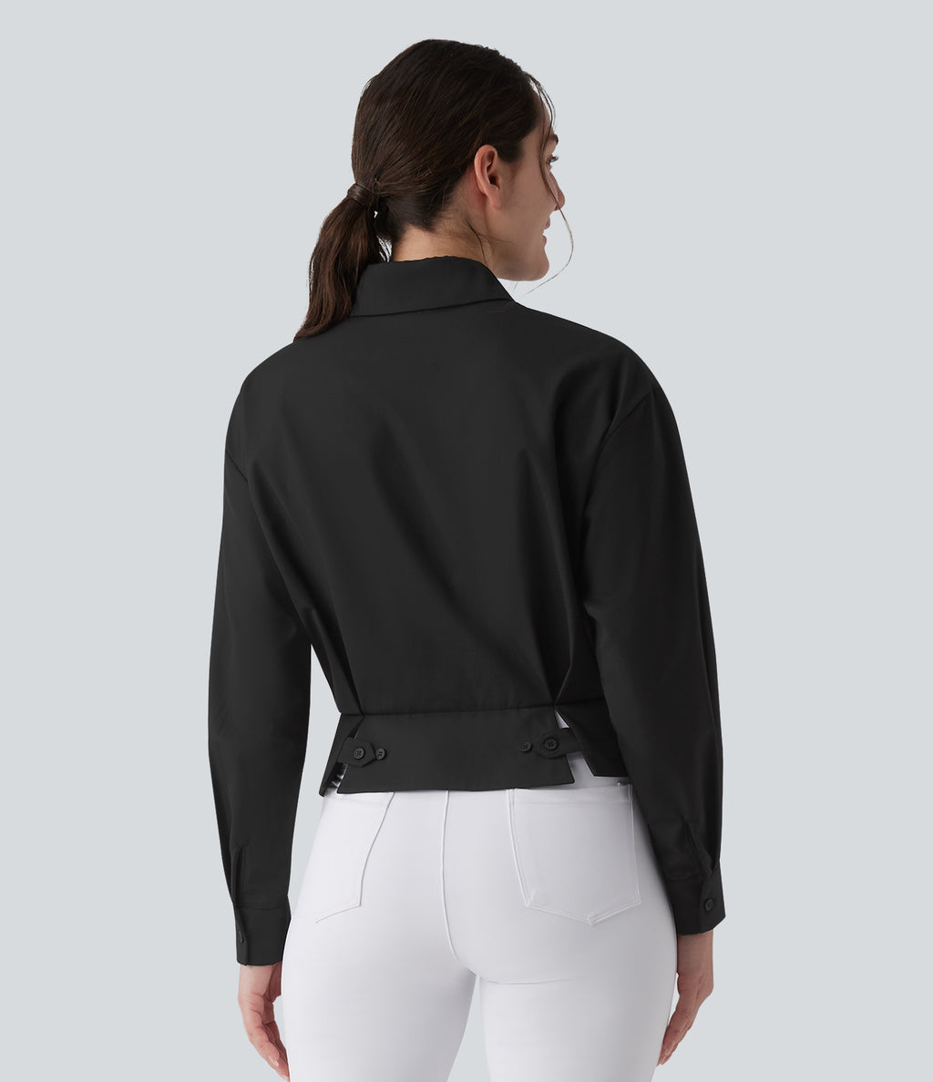Collar Long Sleeve Adjustable Cinched Waist Work Shirt — Black — view 3