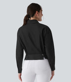 Collar Long Sleeve Adjustable Cinched Waist Work Shirt — Black — view 3